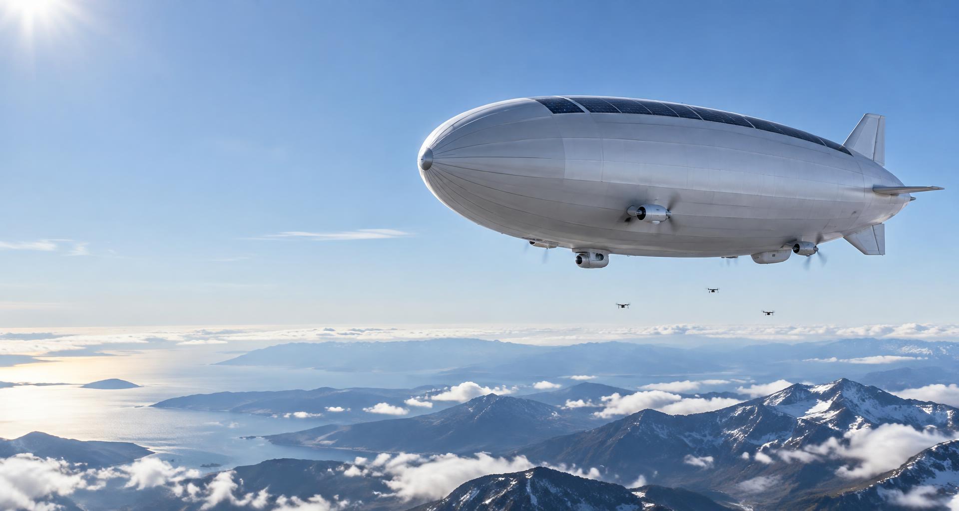 Mothership-scale lighter-than-air observation platform above mountains, with smaller drones below
